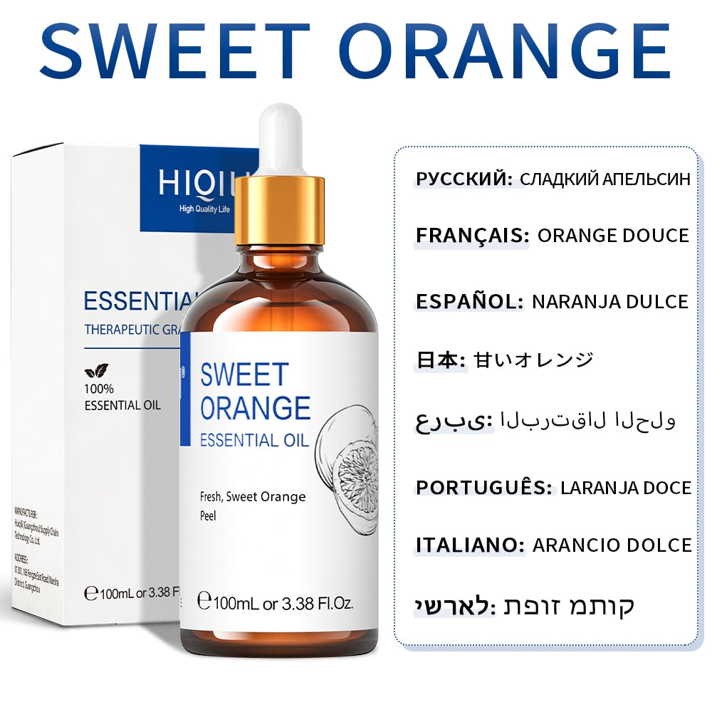 Sweet Orange essential oil bottle with dropper and packaging on a white background