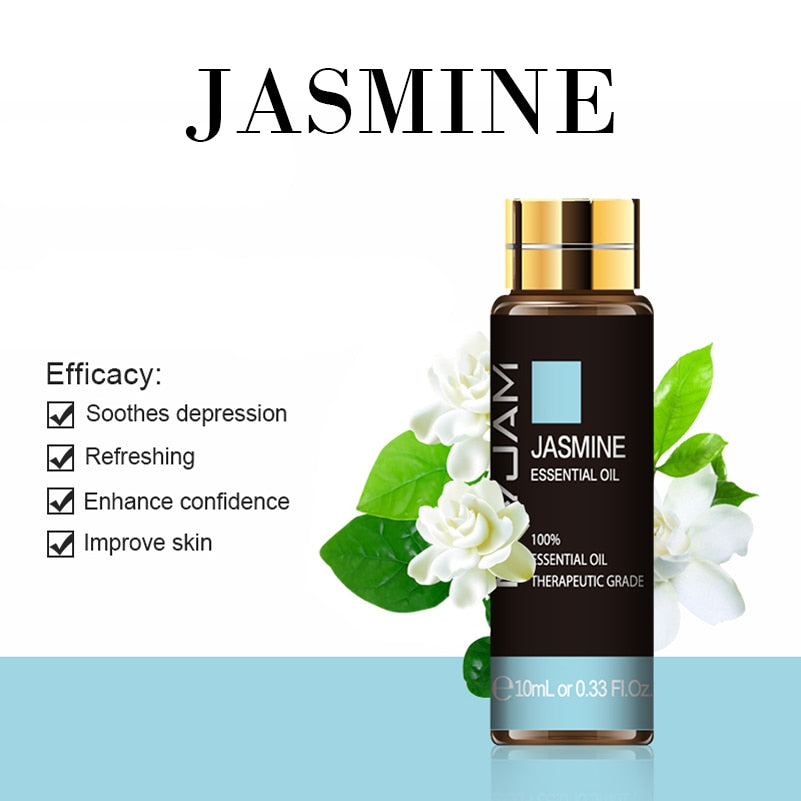 Jasmine essential oil bottle with flowers and text on a white background