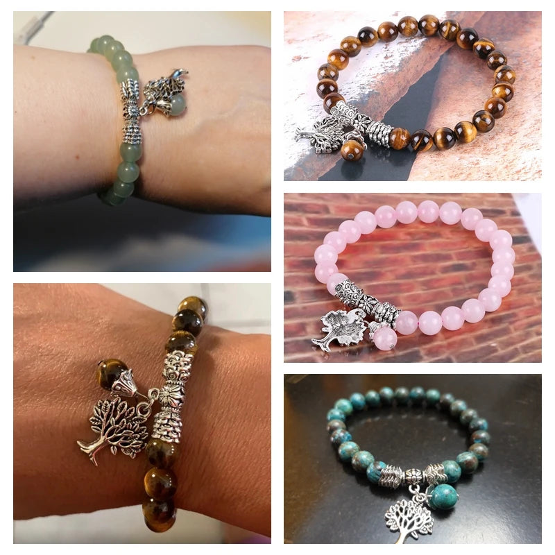 Collage of various beaded bracelets with charms on wrists and surfaces.