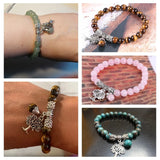 Collage of various beaded bracelets with charms on wrists and surfaces.
