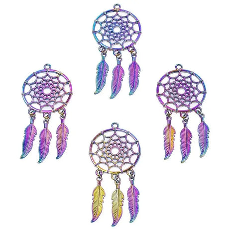 Set of four rainbow-colored dreamcatchers with feathers on a white background