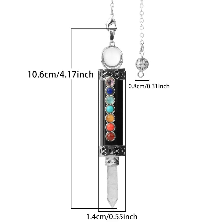 Measurement chart of a chakra pendant necklace with labeled dimensions on a white background.