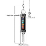 Measurement chart of a chakra pendant necklace with labeled dimensions on a white background.