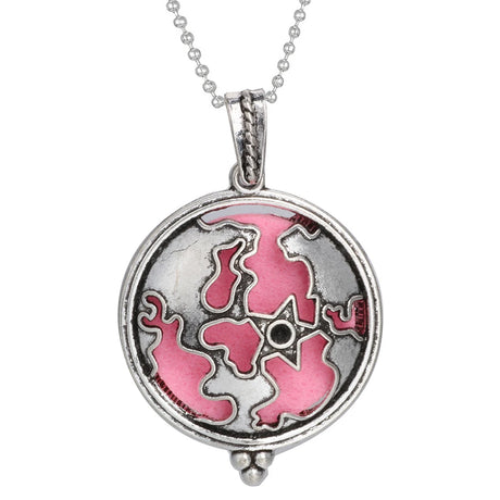 Silver pendant with pink design on a white background