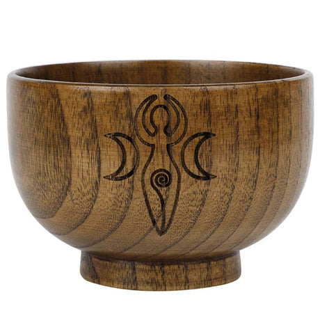 Wooden bowl with engraved symbol on a white background.