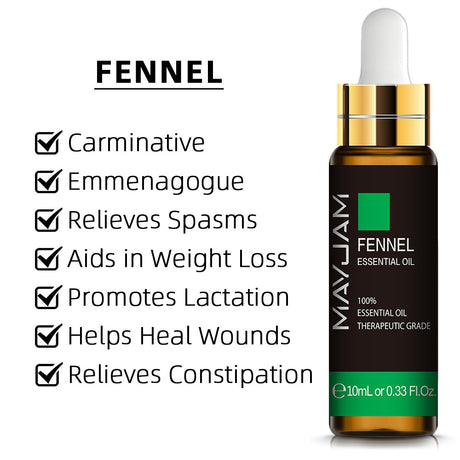 MayJam Fennel Essential Oil dropper bottle with listed benefits on a white background