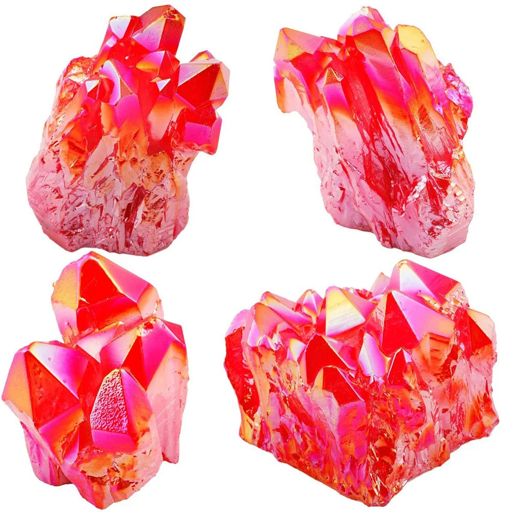 Four crystal-like rocks with pink and orange hues on a white background