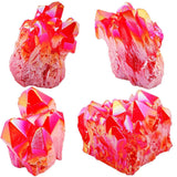 Four crystal-like rocks with pink and orange hues on a white background