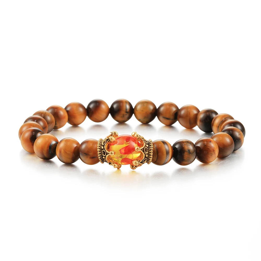 Wooden beaded bracelet with a decorative clasp on a white background