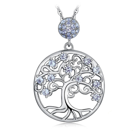 Silver tree of life pendant with gemstones on a white background, featuring 'Jewelry Palace' branding.