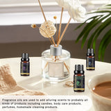 Fragrance oils and diffuser on a table with text about their uses.