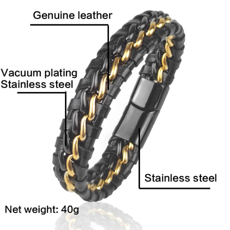 Black and gold braided bracelet with labeled features on a white background