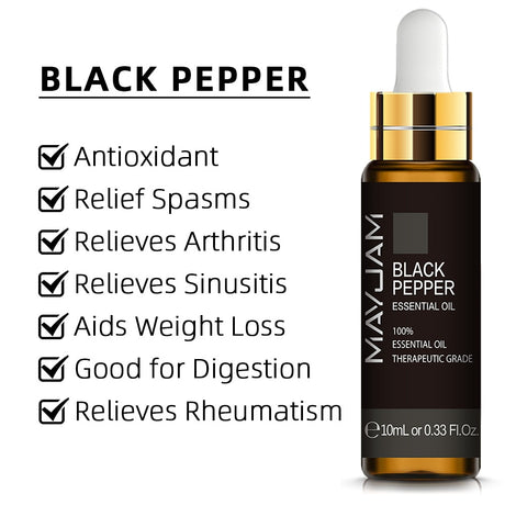 Mayuam Black Pepper Essential Oil bottle with listed benefits on a white background