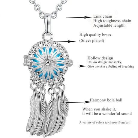 Silver necklace with blue pendant and feather details, labeled features on a white background