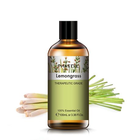 Bottle of Phat Di Lemongrass essential oil with lemongrass stalks on a white background