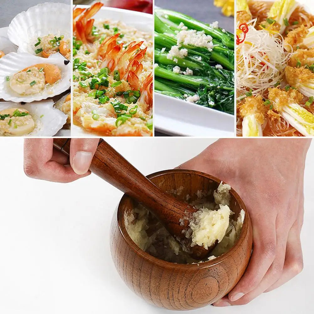 Collage of various dishes including seafood, vegetables, and a person using a wooden mortar and pestle.