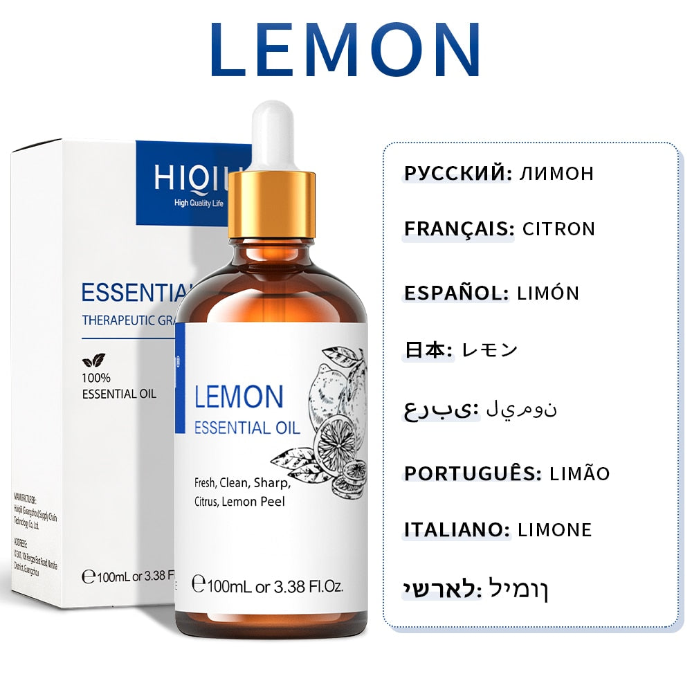 Lemon essential oil bottle with dropper and packaging on a white background