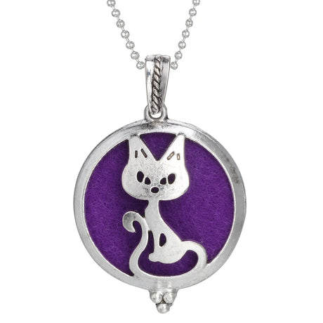 Silver pendant with a cat design on a purple background, on a white background
