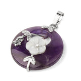 Purple amethyst pendant with silver floral designs on a white background