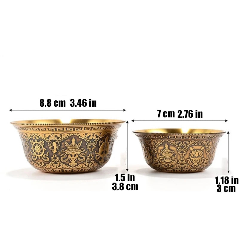 Two brass bowls with decorative patterns and measurements on a white background