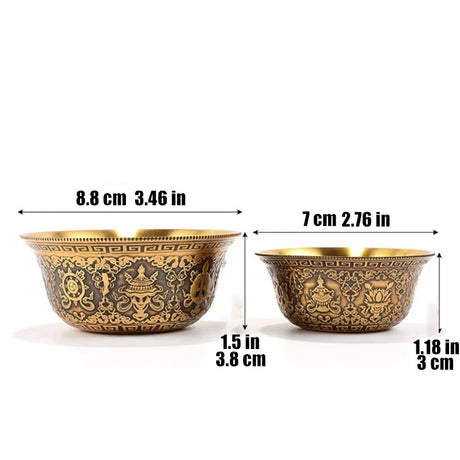 Two brass bowls with decorative patterns and measurements on a white background