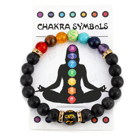 Chakra bracelet with colored beads on a card displaying chakra symbols