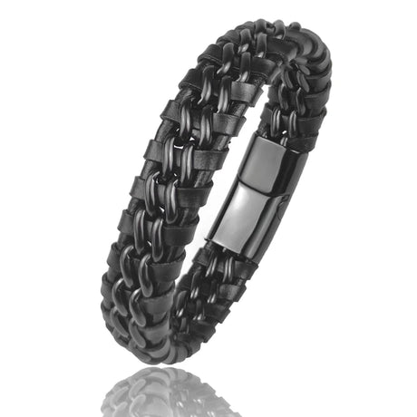 Black braided leather bracelet with a silver clasp on a white background