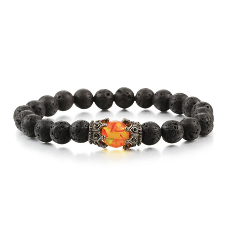 Lava stone bracelet with a decorative orange and silver bead on a white background