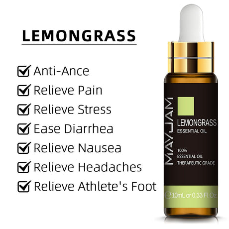 Mayuam Lemongrass essential oil bottle with listed benefits on a white background