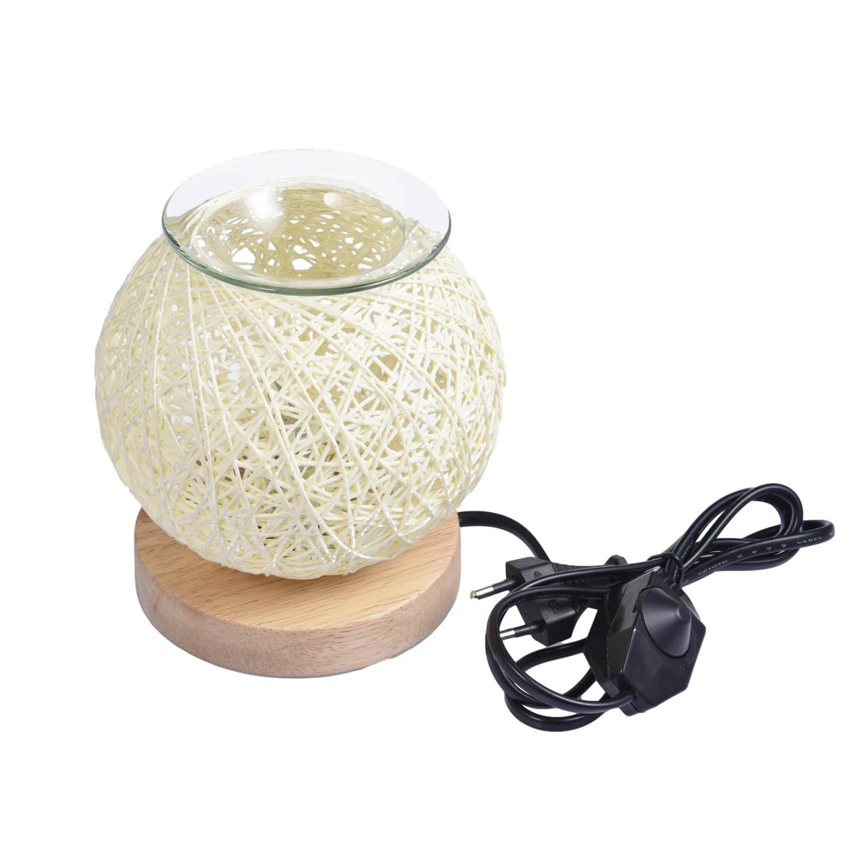 Decorative lamp with wicker design and wooden base on a white background