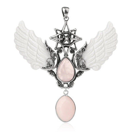 Pendant with angel wings and pink stones on a white background