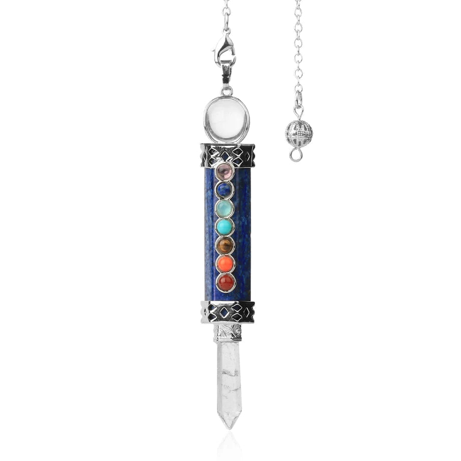 Necklace with a chakra pendant and crystal on a white background