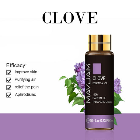 Mayu Jam Clove Essential Oil bottle with purple flowers on a white background