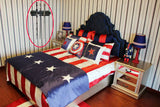 Bedroom with superhero-themed bedding and decor, including a Captain America shield pillow.