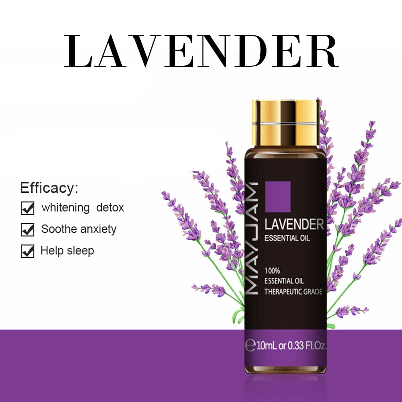 Lavender essential oil bottle with lavender flowers on a white background