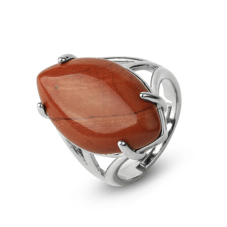 Silver ring with a large brown stone on a white background