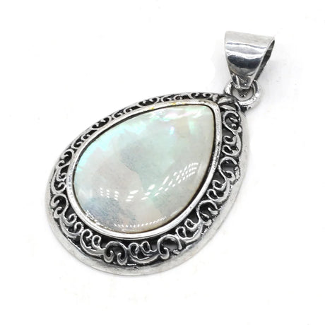 Silver pendant with a teardrop-shaped gemstone on a white background
