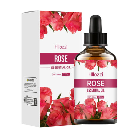 Hillozzi Rose Essential Oil bottle and packaging with pink roses on a white background