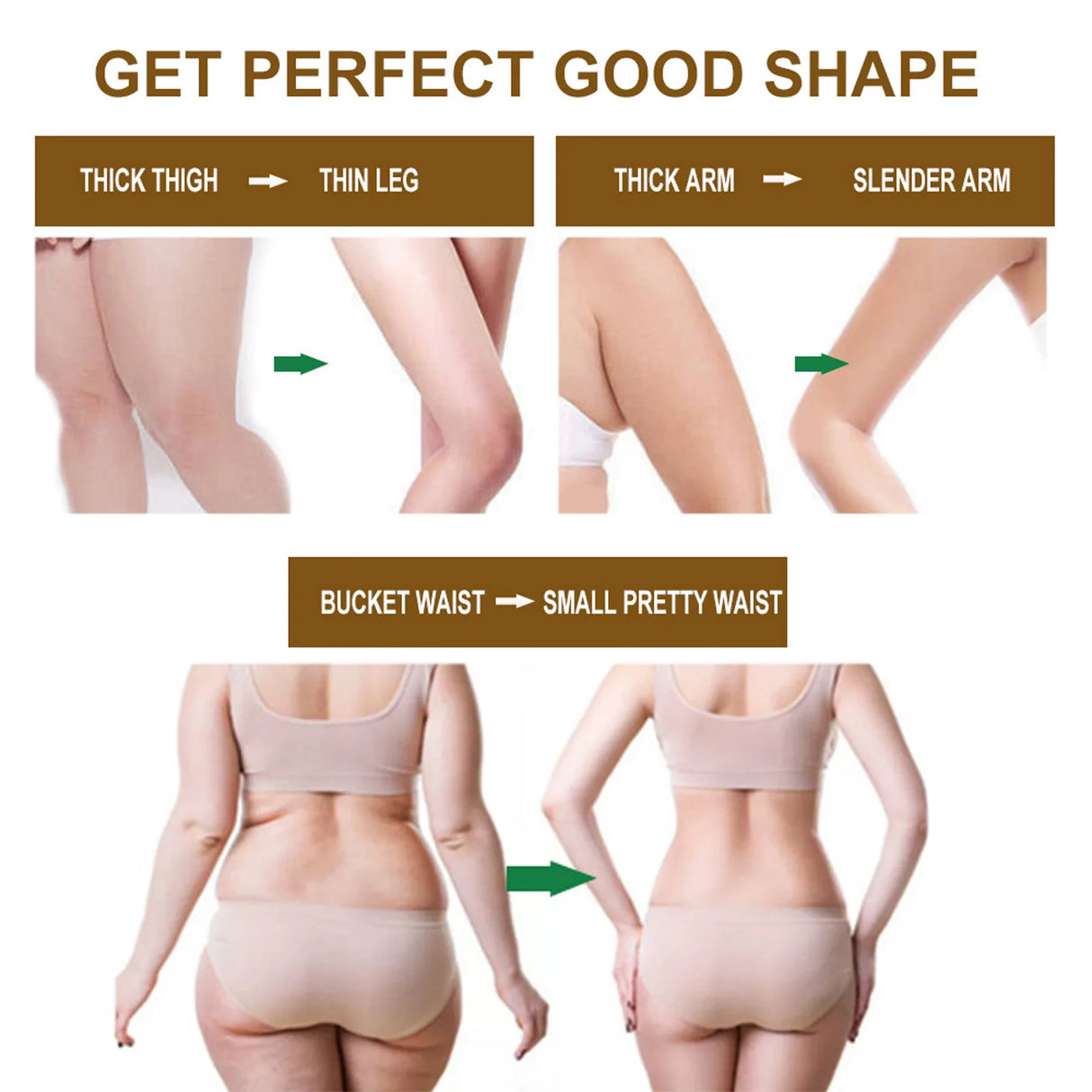 Illustration showing body contouring effects with text indicating desired changes.