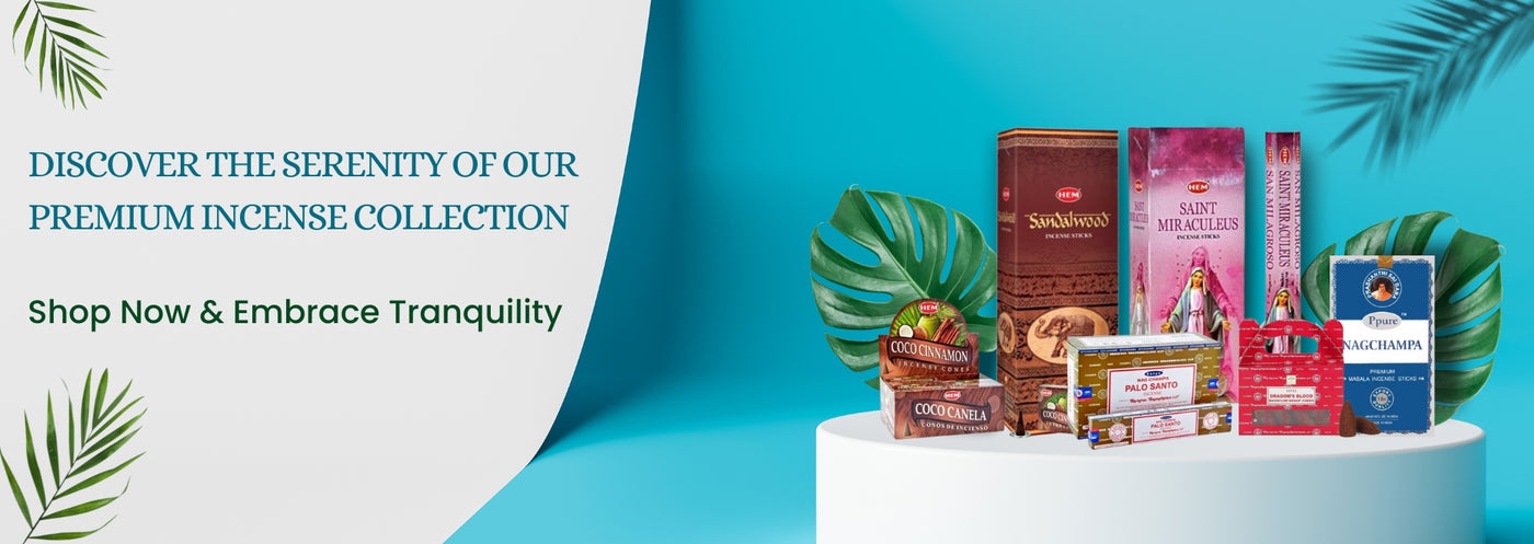 Incense products on a white pedestal with a blue background and text promoting tranquility.