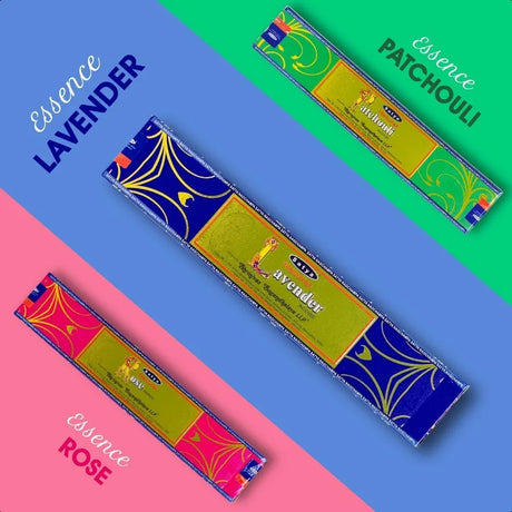 Incense sticks packaging with 'Essence Lavender', 'Essence Patchouli', and 'Essence Rose' labels on a colorful background.