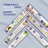Incense sticks with labels on a light blue background, featuring a quote about fragrance.