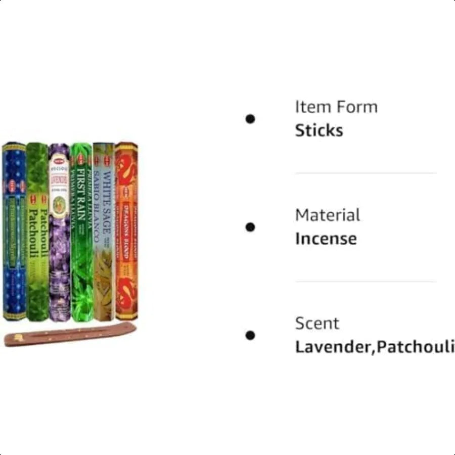 Incense sticks with labels for form, material, and scent on a white background