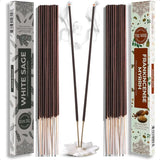 Incense sticks with their packaging labeled 'White Sage' and 'Frankincense Myrrh' on a white background.