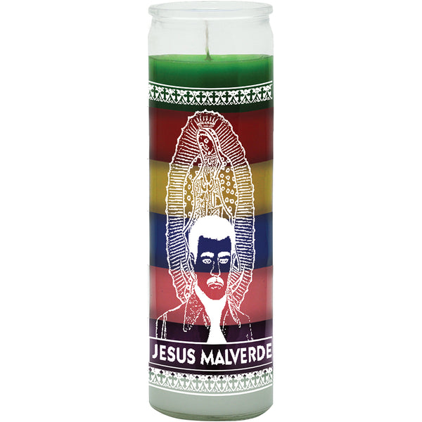 Jesus Malverde 7 Color candle for prayer, spiritual protection, and devotional altar use.