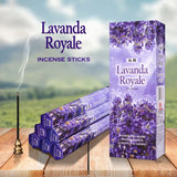 Lavanda Royale incense sticks with packaging on a wooden surface and blurred natural background