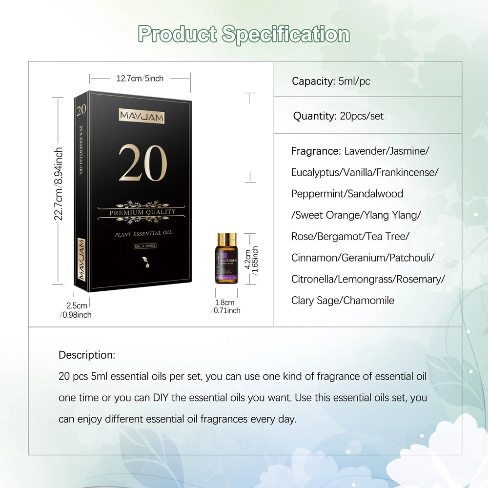 MAYJAM pure essential oil bottles in a 20-pack set for aromatherapy, humidifier use, and calming indoor fragrance.