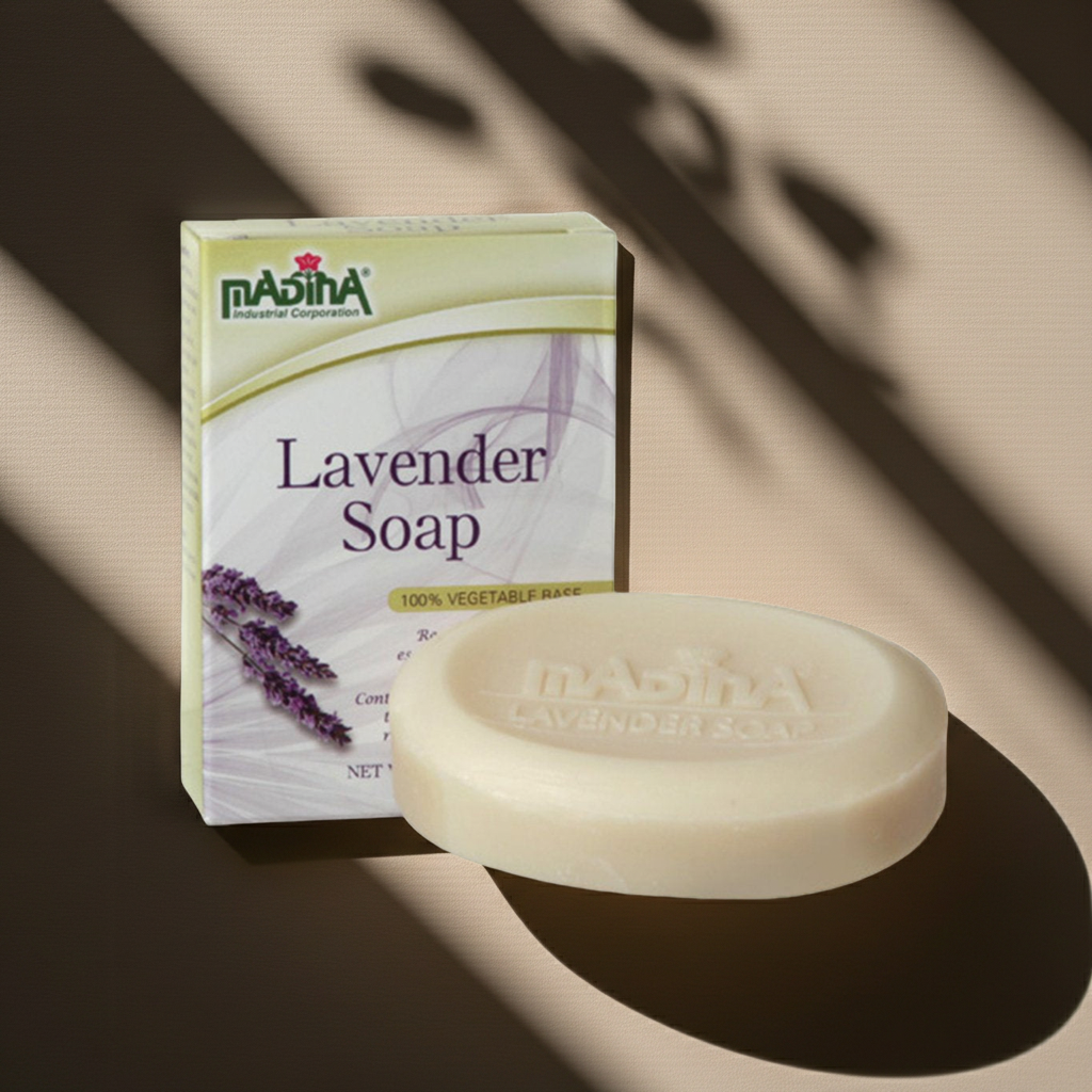 Madina Lavender Stress Relief soap bar for calming bathing, gentle cleansing, and relaxing skincare routines.