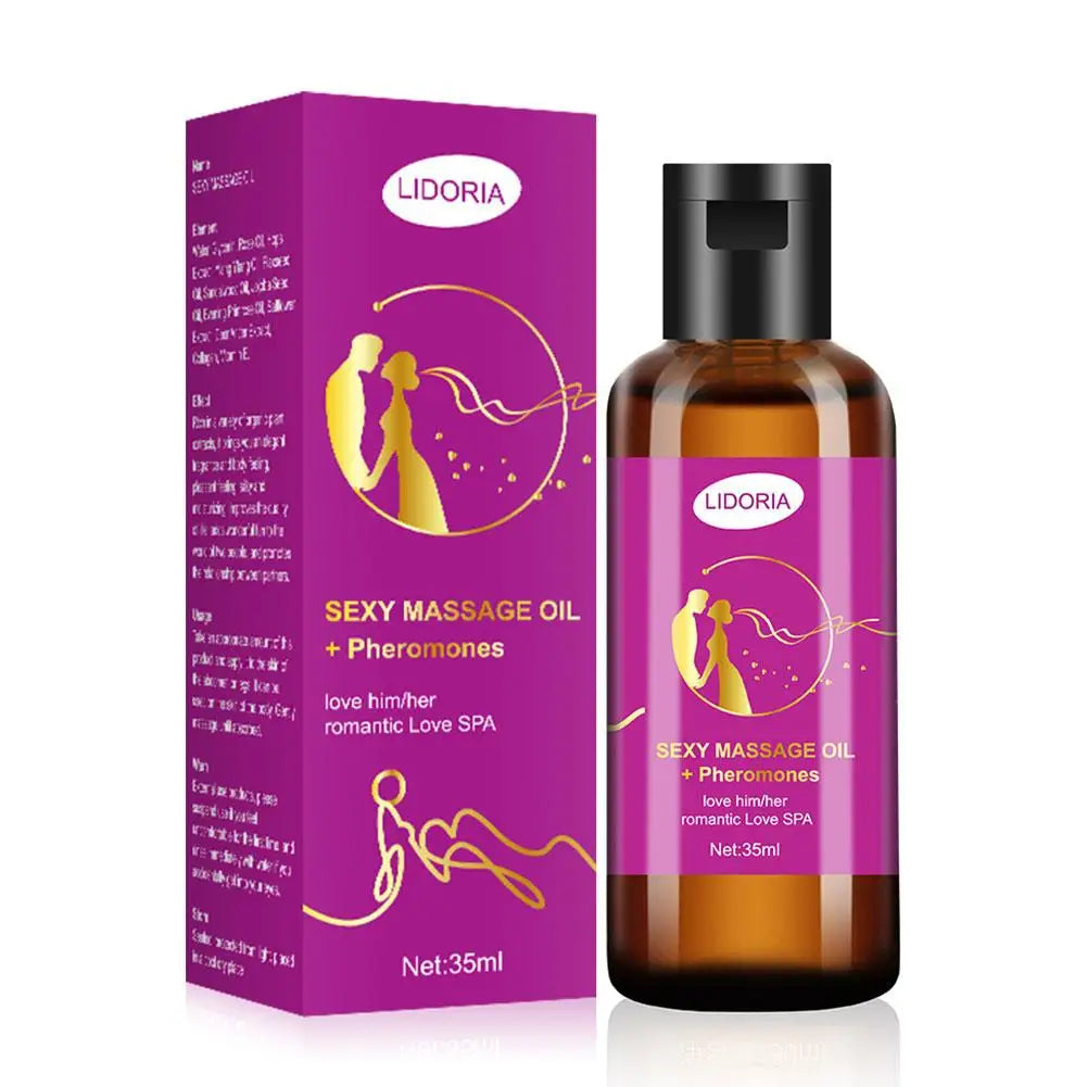 Lidoria Sexy Massage Oil with Pheromones packaging and bottle on a white background