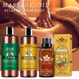Massage oil products with a massage scene in the background